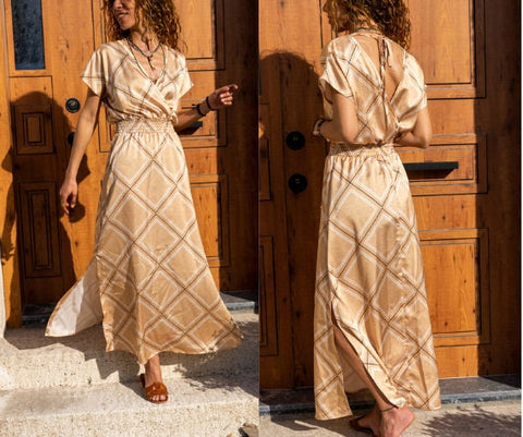 Beige Double Breasted Neck Slit Long Satin Dress,Maxi Dress,Short Sleeve Dress-Boho Wear Womens Dress-Casual Dress,Summer Dress