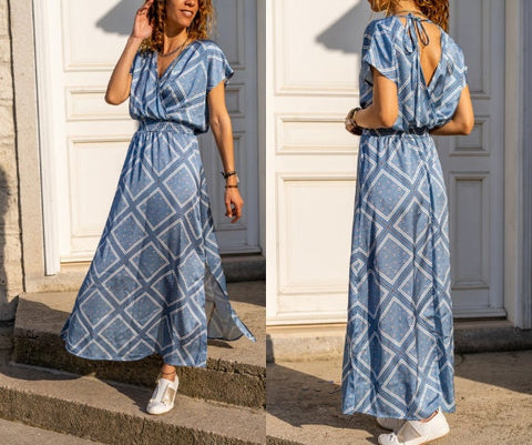 Blue Double Breasted Neck Slit Long Satin Dress,Maxi Dress,Short Sleeve Dress-Boho Wear Womens Dress-Casual Dress,Summer Dress