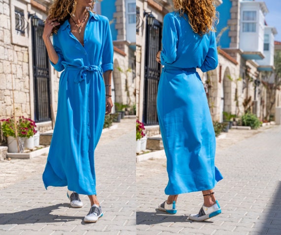 Blue Self Belted Buttoned Long Shirt Dress,Maxi Dress,Long Sleeve Dress-Boho Wear Womens Dress-Attractive Casual Dress,Vintage Dress