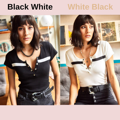 Black White Knitted Fabric Short Sleeve Casual Women's Blouse with Snaps,Women's T-shirt,Cotton Blouse,Vintage T-shirt,Woman Shirts