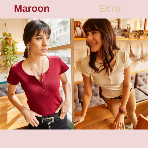 Maroon Knitted Fabric Short Sleeve Casual Women's Blouse with Snaps,Women's T-shirt,Cotton Blouse,Vintage T-shirt,Woman Shirts