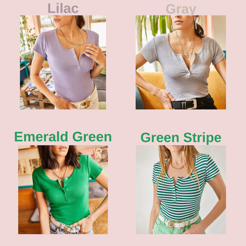 Emerald Green Knitted Fabric Short Sleeve Casual Women's Blouse with Snaps,Women's T-shirt,Cotton Blouse,Vintage T-shirt,Woman Shirts