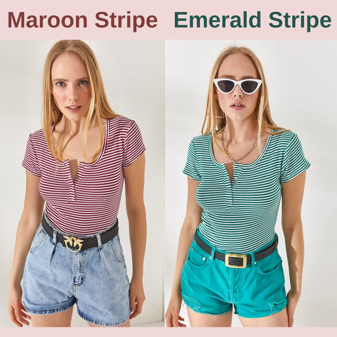 Maroon Stripe Knitted Fabric Short Sleeve Casual Women's Blouse with Snaps,Women's T-shirt,Cotton Blouse,Vintage T-shirt,Woman Shirts