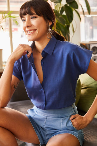 Royal Blue Linen Short Sleeve Woman Blouse,Vintage Linen Blouse,Minimalist Blouse,White Botton Up,Secretary Blouse,Office Top,Classic Blouse