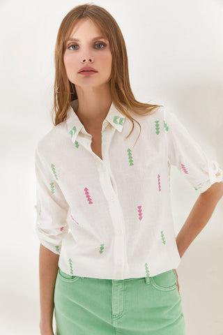 Daisy & Arrow Print Linen Fold Sleeve Woman Blouse, Summer Top, Arrow Blouse, Flower Blouse, Gift for her, 80s blouse, Vintage Blouse