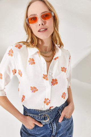 Daisy & Arrow Print Linen Fold Sleeve Woman Blouse, Summer Top, Arrow Blouse, Flower Blouse, Gift for her, 80s blouse, Vintage Blouse