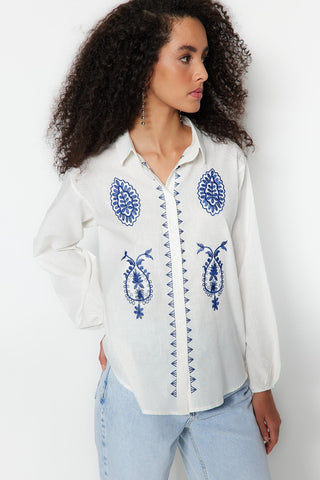 Blue Woven Cotton Womens Shirt, Summer Eco Friendly Fashion, Unique Design Casual Style Soft Fabric,Boho Style Natural Fiber Cotton Shirt