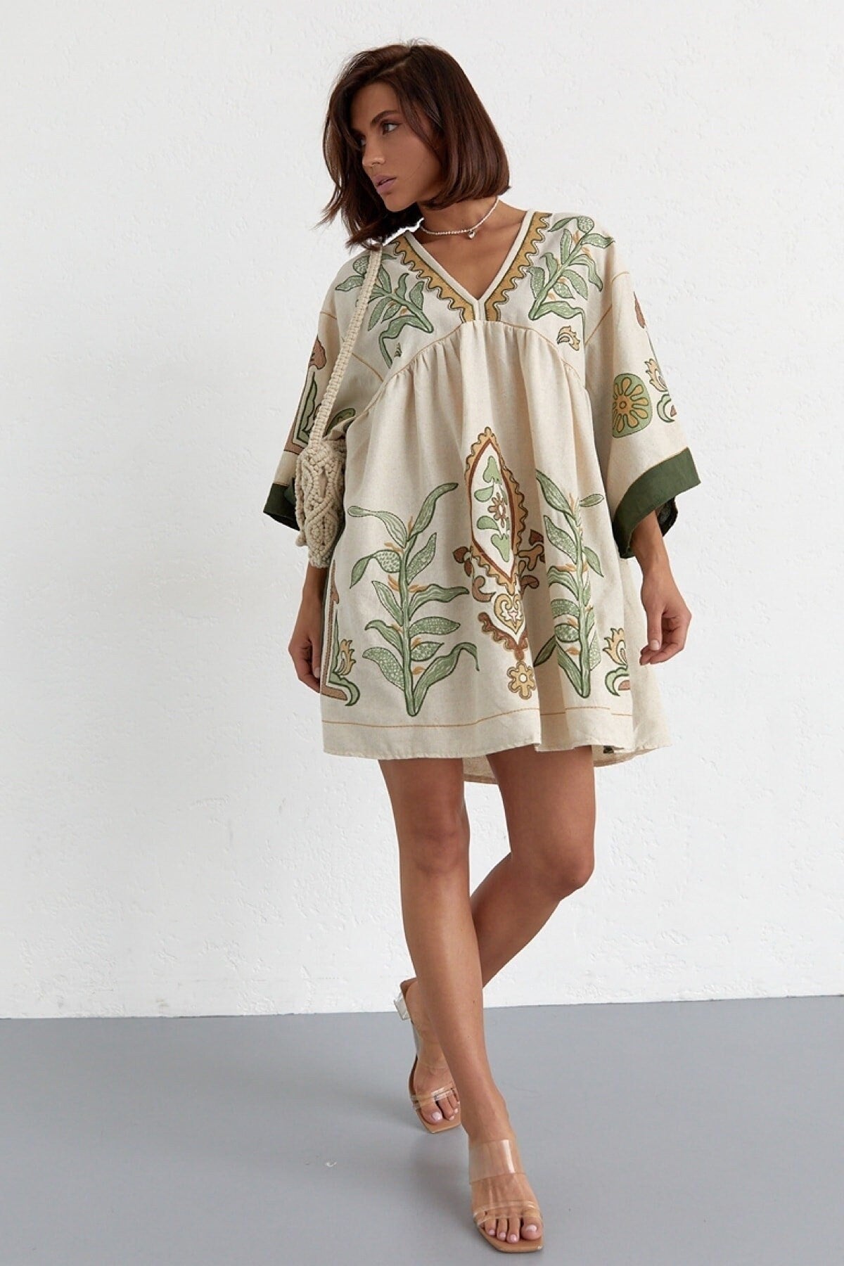 Ethnic Pattern Embroidered Mini Linen Dress, Boho Summer Style, Linen Clothing, Rustic Chic Style,Party Dress