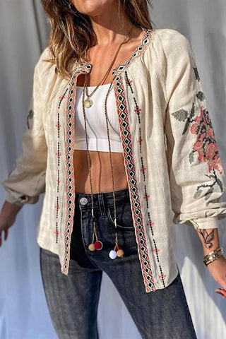 Rose Embroidered Pompom Vintage Loose Jacket,Floral Embroidered Boho Chic Outerwear,Bohemian Jacket,Retro Rose Design Hippie Chic Jacket