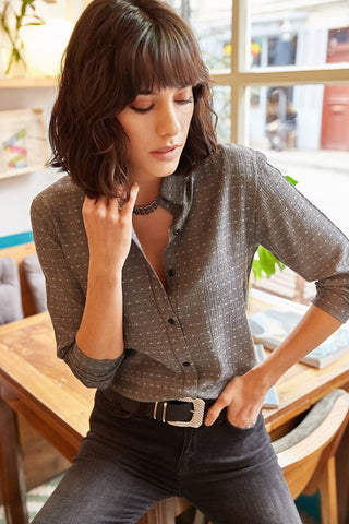 Black Casual Chic Textured Detail Viscose Shirt, Bohemian Style Ethnic Woman Top, Flowing Blouse, Long Sleeve Button Up Blouse,Secretary Top
