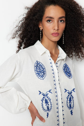 Blue Woven Cotton Womens Shirt, Summer Eco Friendly Fashion, Unique Design Casual Style Soft Fabric,Boho Style Natural Fiber Cotton Shirt