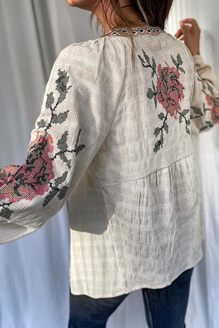 Rose Embroidered Pompom Vintage Loose Jacket,Floral Embroidered Boho Chic Outerwear,Bohemian Jacket,Retro Rose Design Hippie Chic Jacket