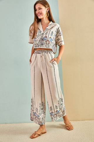 Short Sleeve Ethnic Linen Crop Shirt Pants Suit, Casual Boho Style Linen Outfit Linen Cropped Ensemble, Ethnic Double Team