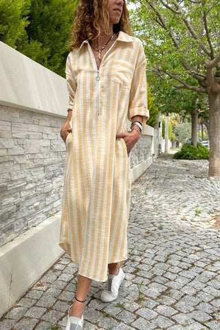 Vintage Safari Summer Dress,Zipper Striped Pocket Long Loose Dress With Pocket,Polo Collared Dress,Casual Dress,Vintage Dress,Maxi Dress