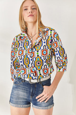 Ecru Wooden Buttoned Daisy Pattern Three Quarter Sleeve Minimalist & Affordable Woman Blouse, Boho Style Natural Fiber Linen Shirt