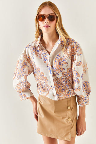 Ecru Shawl Pattern Three Quarter Sleeve Shirt, Vintage-Inspired Casual Chic Blouse, Neutral Tone Shawl Shirt, Ecru Bohemian Blouse
