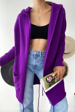 Bat Sleeve Double Pockets Hooded Loose Oversized Long Knitwear Cardigan, Autumn Wardrobe, Trendy Outerwear, Boho Knitwear,Casual Comfort 2