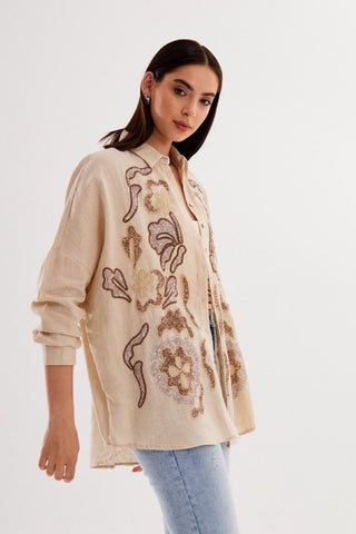 Sequins And Embroidery Oversize Shirt, Embellished Sparkly Casual Wear, Effortlessly Chic,Versatile Sequin Top,Boho Chic Style,Modern Hippie