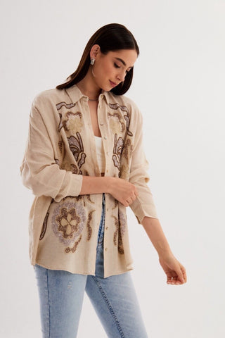 Sequins And Embroidery Oversize Shirt, Embellished Sparkly Casual Wear, Effortlessly Chic,Versatile Sequin Top,Boho Chic Style,Modern Hippie