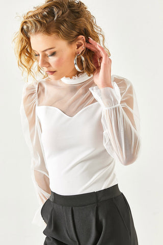 Collar and Tulle Detailed Crop Blouse, Princess Sleeve and Shirred Tulle Detail Top, Romantic Tulle Neckline Blouse