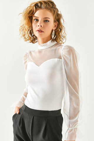 Collar and Tulle Detailed Crop Blouse, Princess Sleeve and Shirred Tulle Detail Top, Romantic Tulle Neckline Blouse