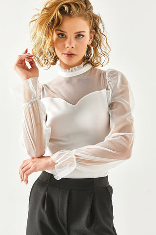 Collar and Tulle Detailed Crop Blouse, Princess Sleeve and Shirred Tulle Detail Top, Romantic Tulle Neckline Blouse