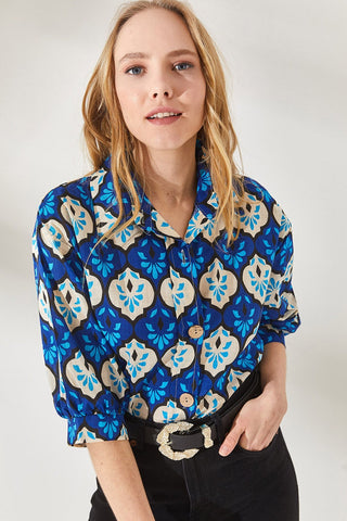 Ecru Wooden Buttoned Daisy Pattern Three Quarter Sleeve Minimalist & Affordable Woman Blouse, Boho Style Natural Fiber Linen Shirt