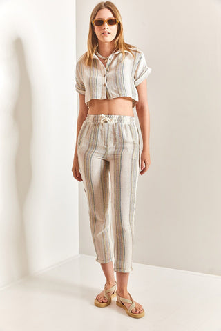 Striped Linen Crop Set, Elegant Stylish Linen Duo, Striped Outfit, Crop Top And Pants, Chic Summer Stripes, Casual Crop Set